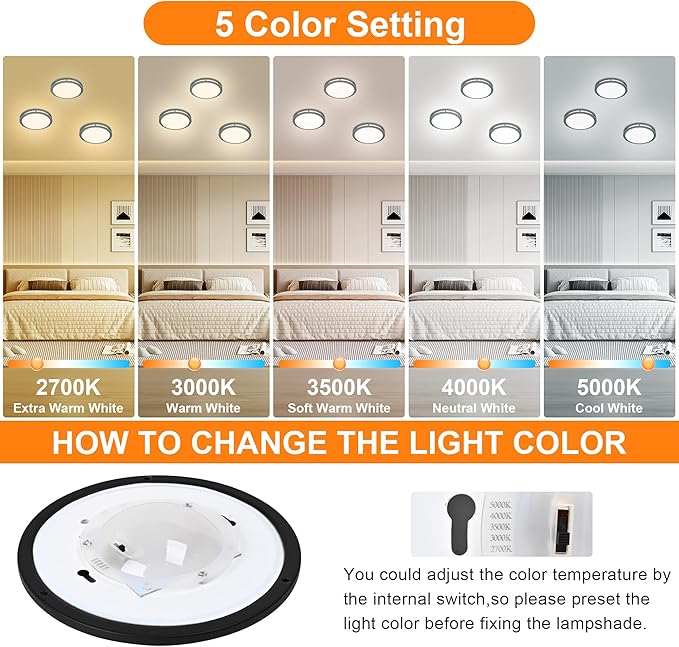 7.5 Inch Round Black Ceiling Light Fixture for Living Room - 7.5” Black LED Flush Mount Ceiling Lamp 2700K/3000K/3500K/4000K/5000K LED Kitchen Bathroom Light 12W