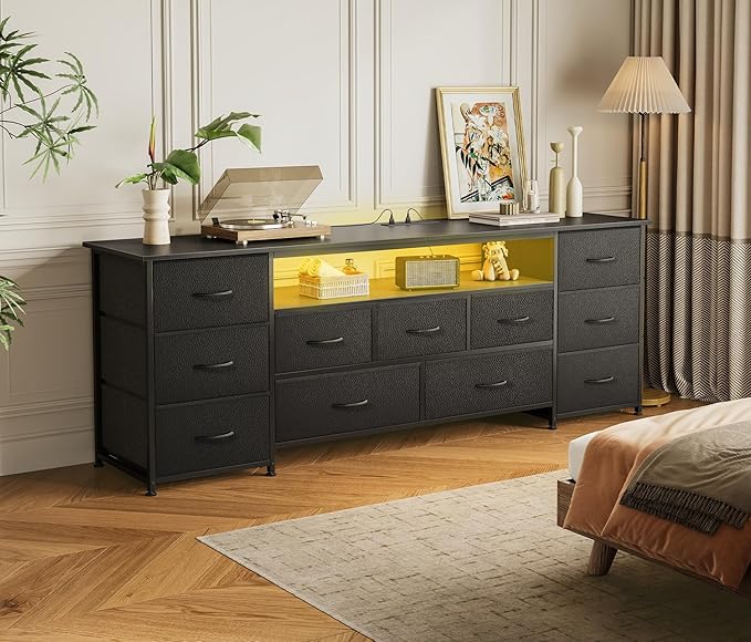 Huuger Large TV Stand for 65, 70 Inch TV, 11 Drawer Long Dresser with Power Outlets and LED Lights, Entertainment Center with Storage, Black Dresser with PU Leather Surface, 13" D x 63" W x 26.8" H