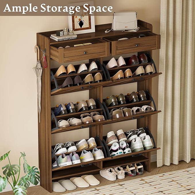 Shoe Cabinet for Entryway, Farmhouse Shoe Storage Cabinet with 6 Flip Drawers and 2 Top Drawers, Tall Narrow Shoe Organizer Cabinet with Adjustable Shelves, Side Hooks and Anti-Tip Kit