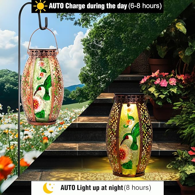 Larekook Hummingbird Solar Lantern Outdoor Waterproof,13" Large Hanging Lantern Decorative,Metal Hummingbird Solar Lights for Yard Table Porch Patio Garden Decor,Birthday Gifts for Women Mom
