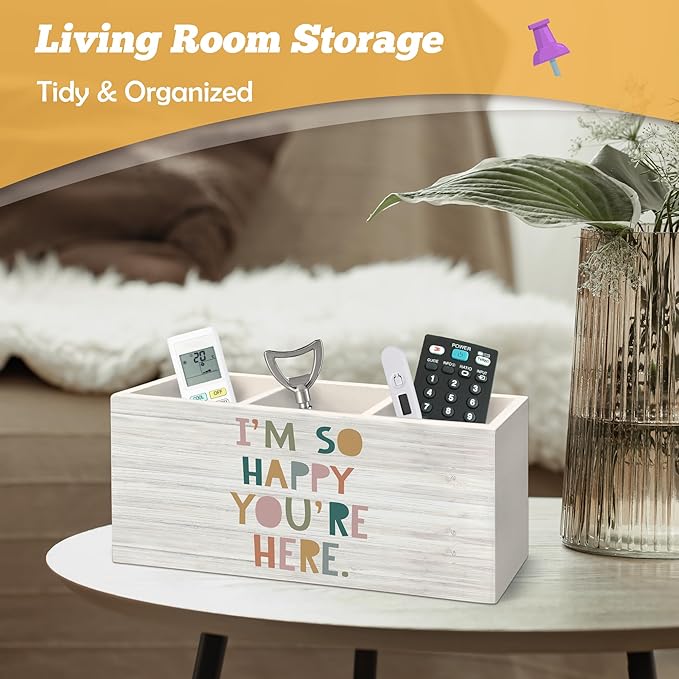 Boho Classroom Pen Holder Organizer for Desk Accessories, I'm So Happy You're Here Wooden Box Desk Decorations for Kids Room Bedroom School Decor, Boho Classroom Decor