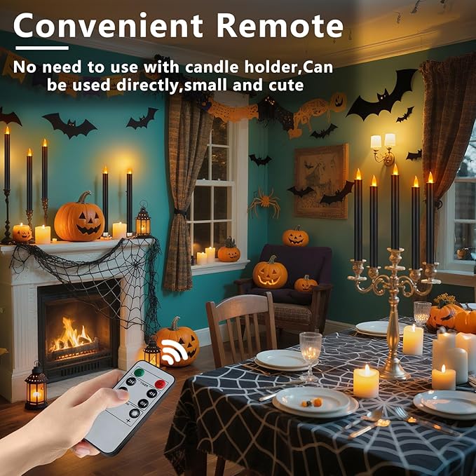 Flameless Taper Candles 10" Dripless Battery Operated Taper Candles Included Remote Timer 400+ Hours by 2AA Batteries for Halloween Christmas Wedding (Black, 12 Pack)