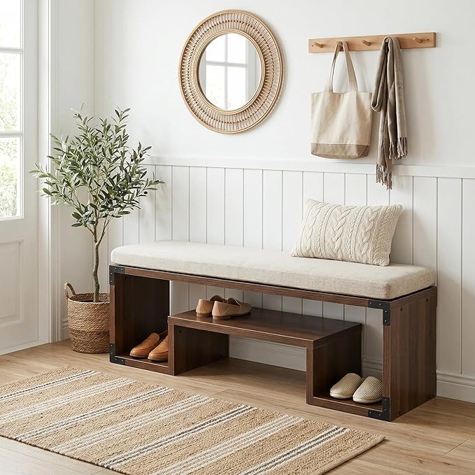 Tribesigns Shoe Storage Bench with Cushion, 47" Entryway Bench with Storage Shelf and Removable Padded Seat for Entryway, Hallway, Living Room, Bedroom, Vintage Brown