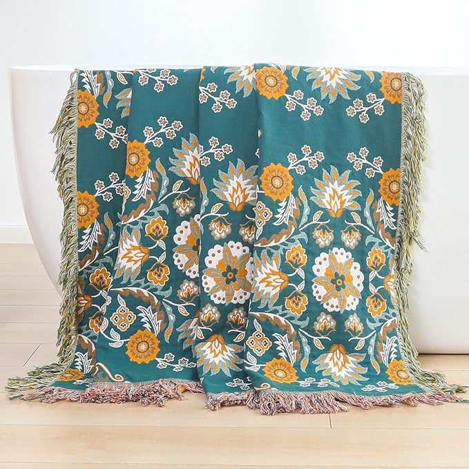 Boho Throw Blanket for Bed,100% Cotton Ultra Soft Lightweight Muslin 4-Layer Breathable Woven Throws 90''x 98'' Blanket Yellow Floral Farmhouse Decor Bed Blankets