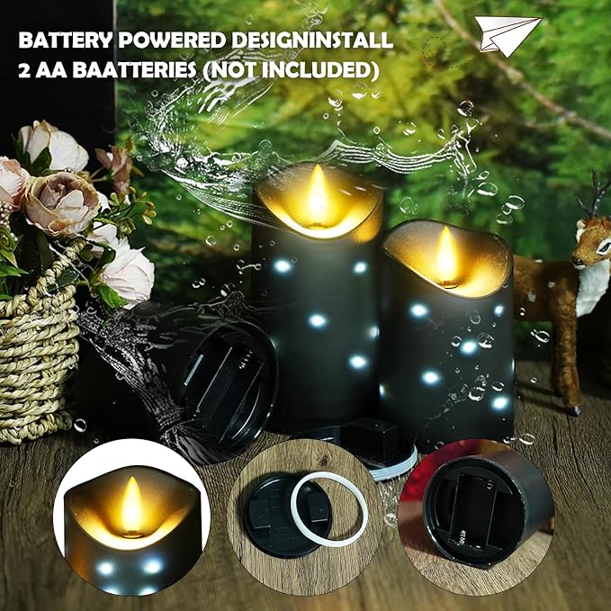 Outdoor Waterproof Flickering Flameless Candles with Embedded Star String,2Pcs LED Pillar Candles Battery Operated with Remote and Timers for Courtyard,Porch,Camping,Holiday Decoration(Black)