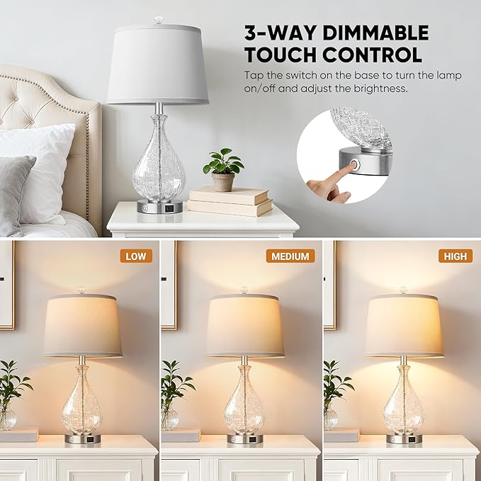 QiMH Glass Table Lamps for Living Room, Bedside Lamps Set of 2 with USB A+C Charging Ports, 3 Way Dimmable Touch Lamps for Nightstand, 22.5" Modern Table Lamp for Bedroom Office, LED Bulbs Included
