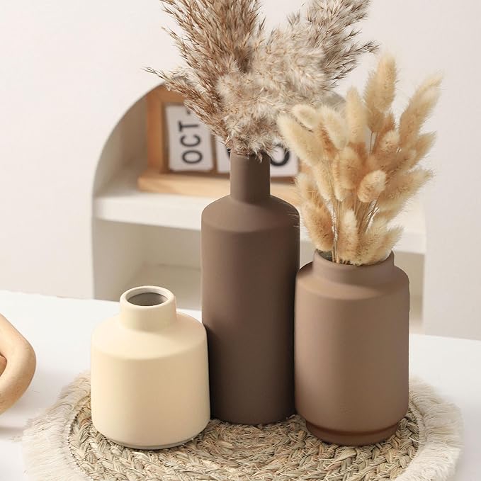 Ceramic Vase Set of 3 Terracotta Brown Beige, Modern Small Flower Vases for Home Decor, Boho Farmhouse Rustic Decorative Vases for Living Room Table Shelf Kitchen Bedroom Centerpieces