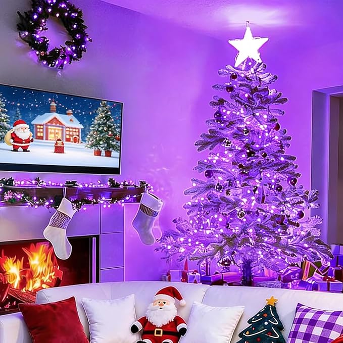 LAMPHOME 33ft 100 LED Purple Christmas Lights Outdoor Waterproof, Purple String Lights Plug in, 16Modes Twinkle Christmas Tree Lights, Halloween Decorations for Party Carnival Supplies Yard Garden