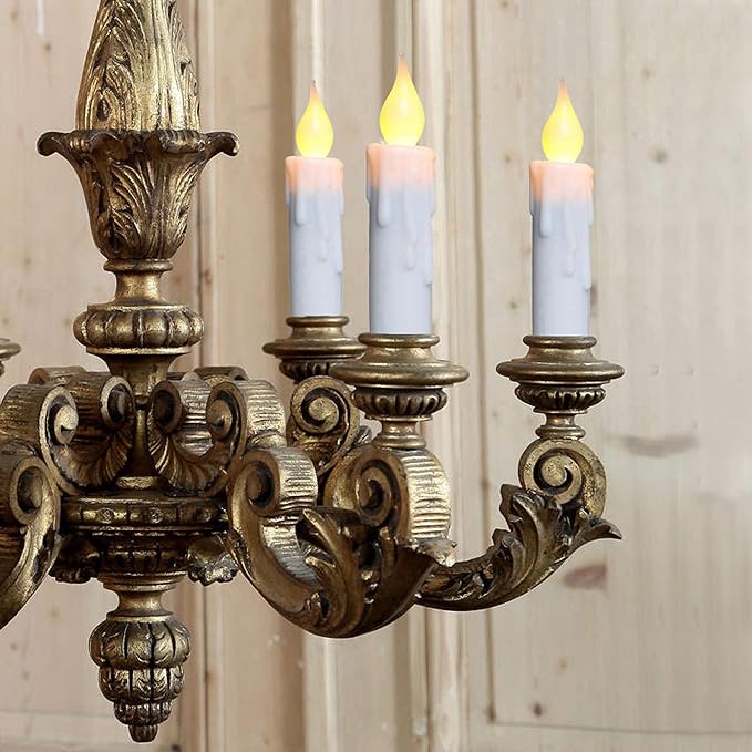 CVHOMEDECO. Flickering Taper Candles LED Drip Flameless Candles, Battery Operated with Timer, White, 4-3/4 Inch, Set of 6