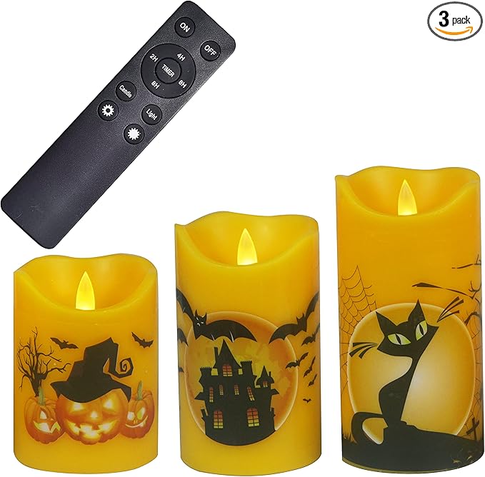 CANDLE CHOICE Orange Halloween Flameless Candles with Remote and Timer Real Wax Realistic Flickering Fake Electric Battery Operated LED Pillars Halloween Theme Decals for Halloween Decorations 3 Pack
