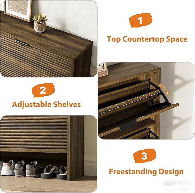 Garvee Shoe Storage Cabinet for Entryway, Fluted Shoe Cabinet with 2 Flip Drawers Doors, 32" Wide Hidden Shoe Rack Tall Freestanding Shoe Organizer for Entrance, Hallway, Living Room, Walnut