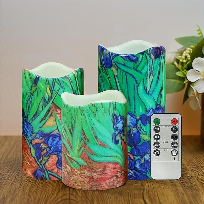 Floral Flameless LED Pillar Candles, 3pcs Van Gogh Irises Battery Operated Flickering Candles with Timer Remote,Decorative Flickering LED Candles for Wedding Mother's Day Home Decor