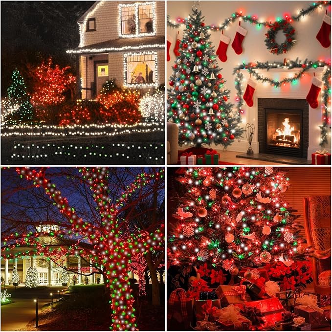 LAMPHOME 165ft Christmas Decorative Mini Lights, 500 LED Transparent Wire Fairy Starry String Light Plug in, 16Lighting Modes for Indoor Outdoor Xmas Tree Wedding Party Decoration (Red Green White)