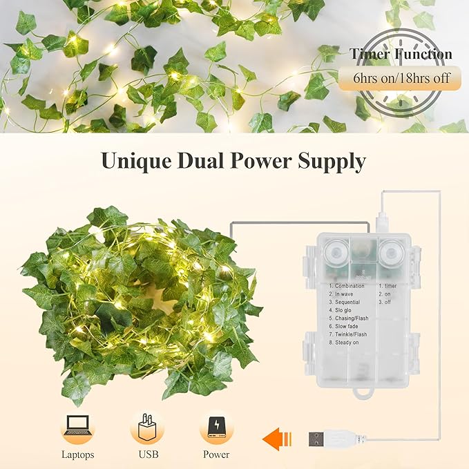 YOUNGAR Ivy Vines with Fairy Lights,Leaf String Warm White Lights Battery/USB Operated,23FT 73LED Fake for Bedroom Wall Room Wedding Birthday Garden Party Wall Room Decor