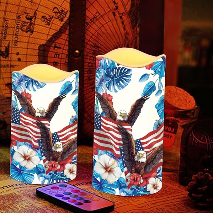 USA Flag Flameless Candles Bald Eagle Tropical Flowers Flameless Candle with Remote Timers for Lights Patriotic Independence Day Lamp for Home Dinner Table Garden Tea Party, 4 Pack