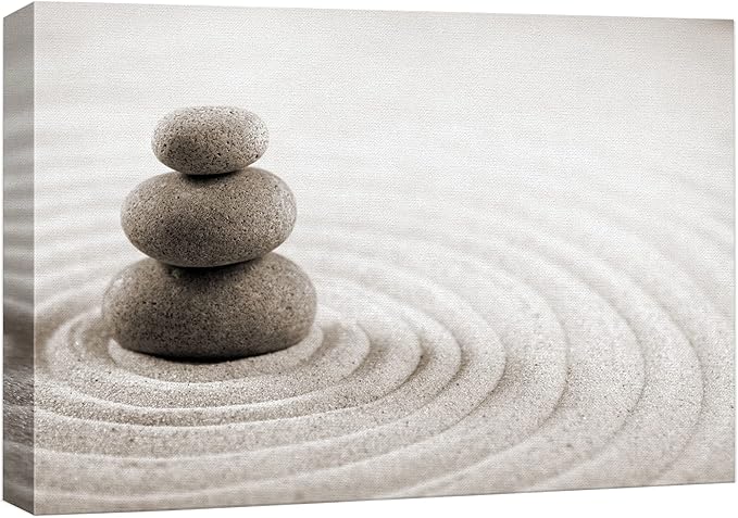 wall26 Canvas Print Wall Art Rock Stack On Gray Zen Sand Garden Floral Nature Photography Realism Bohemian Scenic Relax/Calm Cool for Living Room, Bedroom, Office - 24"x36"