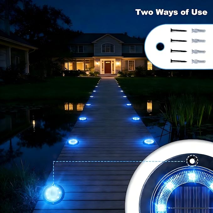 Flacchi Solar Lights Outdoor Waterproof - 2-in-1 Solar Powered Ground Lights Outdoor Solar Disk Light Landscape Light for Deck Step Patio Yard Pathway Walkway Driveway Garden (Blue, 8 Pack)