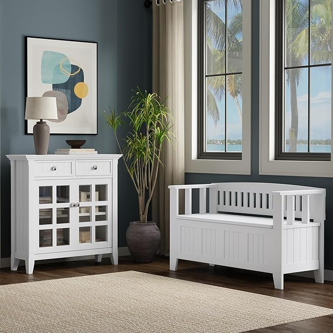 SIMPLIHOME Acadian Solid Wood 48 inch Wide Storage Bench that Seats 2 and 36 inch Wide Storage Cabinet in White for the Living Room, Entryway, and Family Room, Transitional Style
