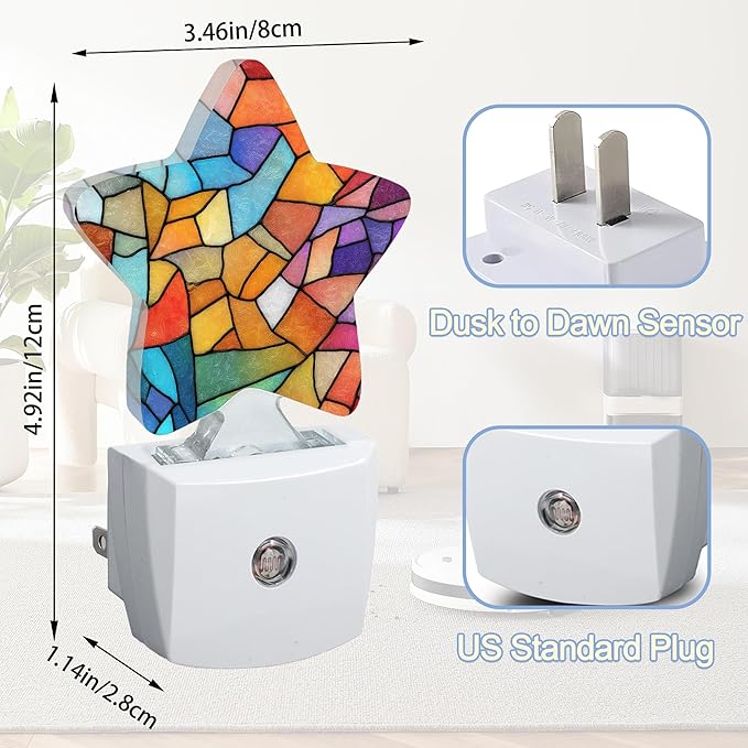 Colorful Stained Glass Dusk to Dawn Star Night Light,Abstract Smart Sensor Nightlight for Bedroom Kitchen Hallway Stairs,Plug-in Energy Efficient Decor Desk Lamp Women Men Gifts