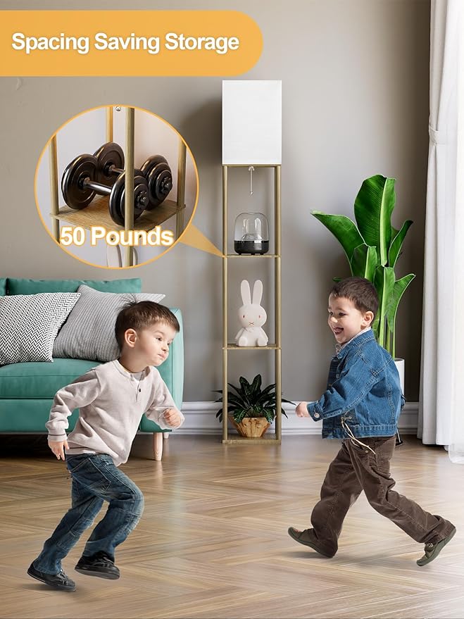 PARTPHONER Floor Lamp with Shelves for Living Room Natural Wood 2 Pack, Shelf Floor Lamp with 3 CCT LED Bulb, Corner Display Standing Column Lamp Etagere Organizer Tower Nightstand for Bedroom Office