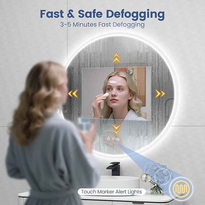 STARLEAD 24" Round LED Bathroom Mirror with Bluetooth Speaker, Dimmable Lighting, 3 Color Modes, Anti-Fog, Touch Control Wall Mounted Vanity Mirror