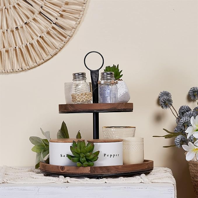 GENMOUS & CO. Farmhouse Tiered Tray Decor with Distressed Wood Bead Garland, Decorative 2 Tiered Serving Tray with Metal Handle for Rustic Home Décor