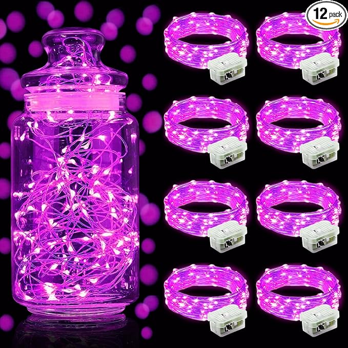 Aogist Led Fairy Lights 3 Modes Battery Operated String Lights Waterproof Silver Wire 7 Feet Firefly Starry Moon Mason Jar Lights for DIY Wedding Party Christmas (Pink, 8 Pack)