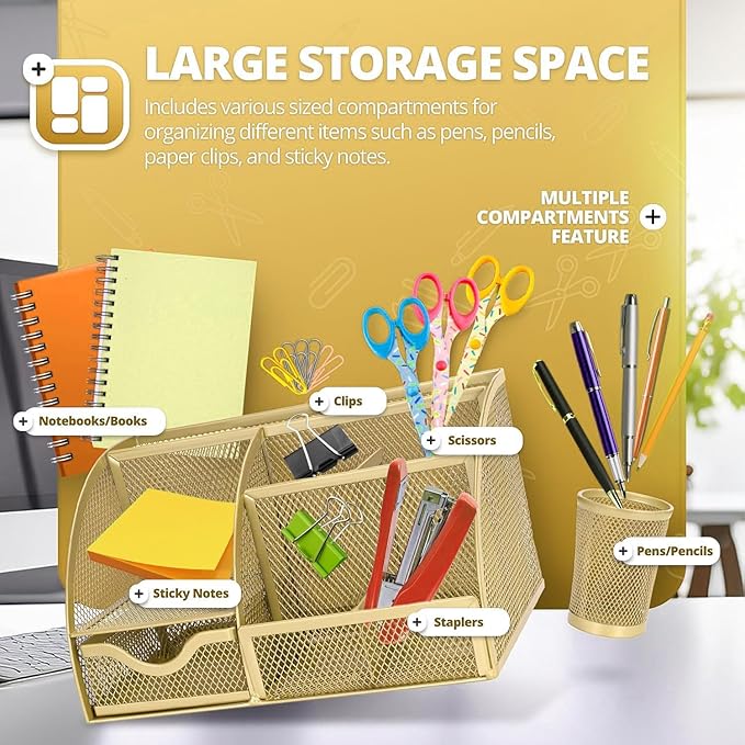 Flexzion Desk Caddy Organizer Set (Gold) - Metal Mesh Desktop Caddy with Drawers, 6 Compartments, and Pencil Holder for Women & Men - Desktop Organizer and Storage for Work or Office Supplies