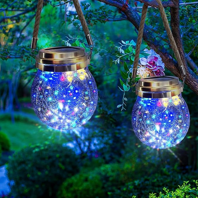 Hanging Outdoor Solar Lights,VGE 2 Pack 30LED Lanterns Decorative Outdoor Lights,Solar Powered Waterproof Landscape Lights with Handle for Tree Yard Garden Patio Fence Holiday Decor(Multicolor)
