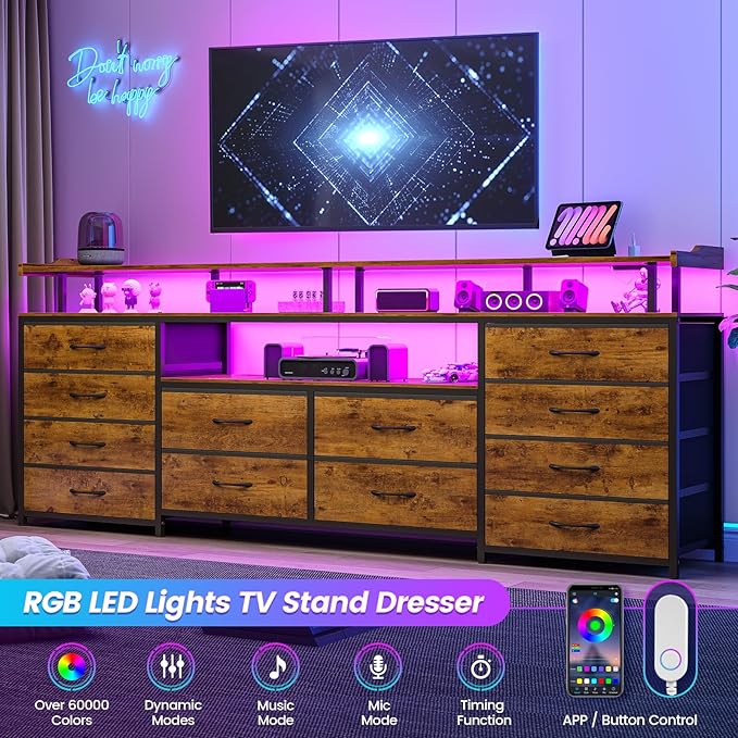 BTHFST 12 Drawers TV Stand Dresser for 65/70 inch TV, Entertainment Center with LED Lights & Power Outlets, 63" Large LED TV Stand, TV Console for Bedroom