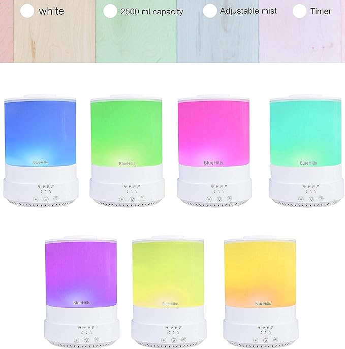 BlueHills Premium Large 2500 ML and 2000 ML XL Essential Oil Diffusers Humidifier Combo Set of 2 for Large Room Home with Décor LED Lights Great Gift – White and White Wood Grain