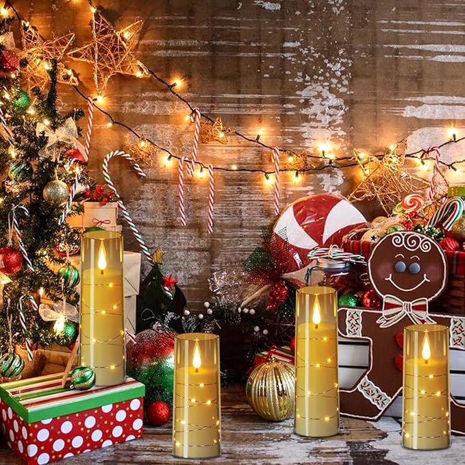 Wondise Flameless Flickering Candles with Embedded Star String Remote and Timer Battery Operated Black Flickering LED Candles Pillar Candles for Christamas Home Decoration (9pack