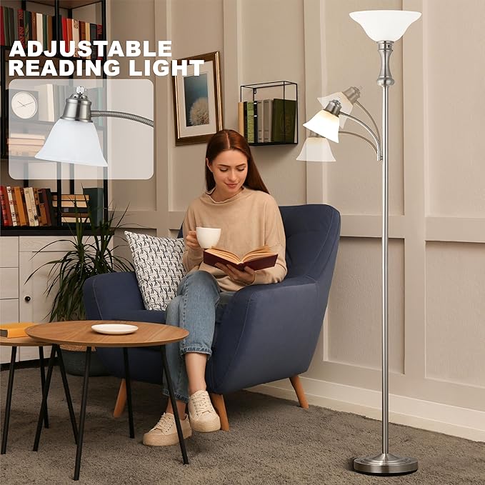 71'' Floor Lamps for Living Room, Tall Floor Lamp for Bedroom with Adjustable Angle Arc Reading lamp, Modern Torchiere Standing lamp with Glass Shade, Knob Switch, Bulb Included, Silver
