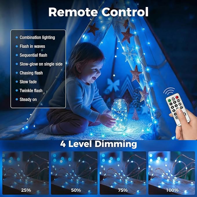 btfarm Fairy Lights Plug in with Remote, 33FT 100 LED Outdoor Twinkle Lights Waterproof with Timer, 8 Modes Indoor String Lights for Bedroom Patio Garden Wedding Christmas Decoration, Blue