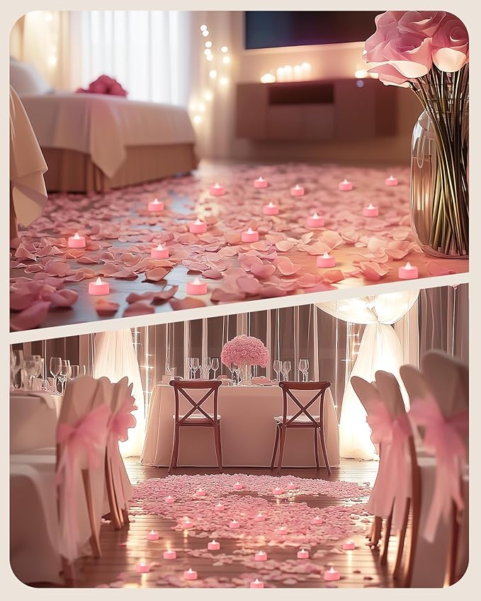 Amagic 30 Pcs Pink Flickering Flameless Tea Lights Battery Operated, 200+ Hours Long Lasting Colored Candle for Wedding, Table Centerpiece, Theme Party, Aniversary, Proposal, Christmas, Pink Base