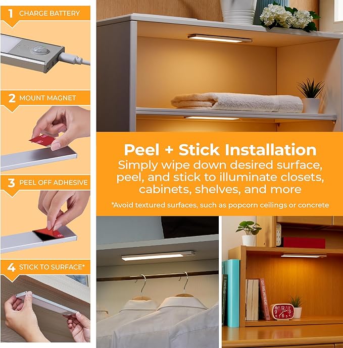 PureOptics LED Rechargeable Under Cabinet Lighting, Motion Sensor On/Off, Warm White LED, Stick-On Install for Kitchen & Closets - 2 Bars