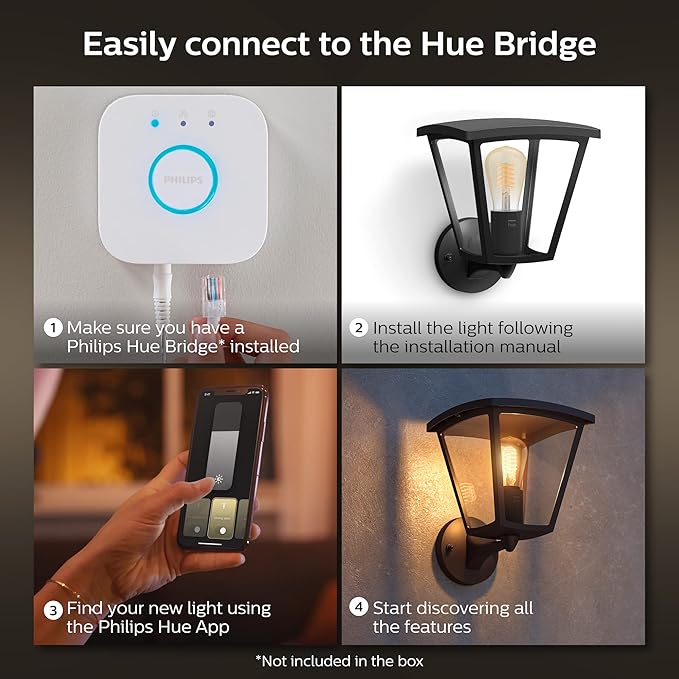 Philips Hue Inara Outdoor Smart Wall Light, Black - E26 White Filament LED Bulb - 4 Pack - Requires Hue Bridge - Control with Hue App and Voice - Weatherproof