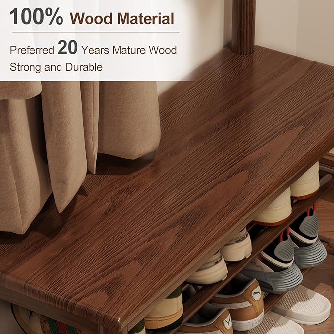 AQIMUELE Hall Tree, Coat Rack with Shoe Storage, Wooden Hall Tree with Bench, 11 Hooks and 2-Tier Storage Shelves, Entryway Bench with Coat Rack (31.5" - Deep Walnut)