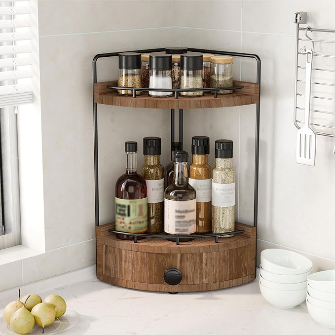 2-Tier Corner Bathroom Countertop Organizer with Drawer, Wooden Vanity Organizers for Makeup and Skincare Storage, Corner Counter Shelf with Embedded Screw Holes, Dark Brown