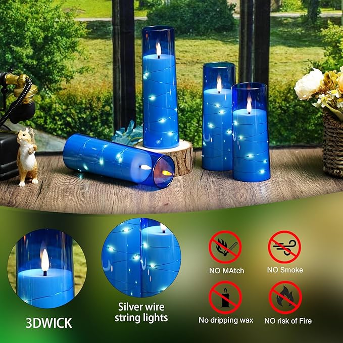 Flameless Candles with Embedded Star String - Battery Operated LED Candles, with Remote,12 Blue Flickering Candles for Christmas, Weddings, Home Decor & Party,(D 2.3"×H 5" 6" 7")