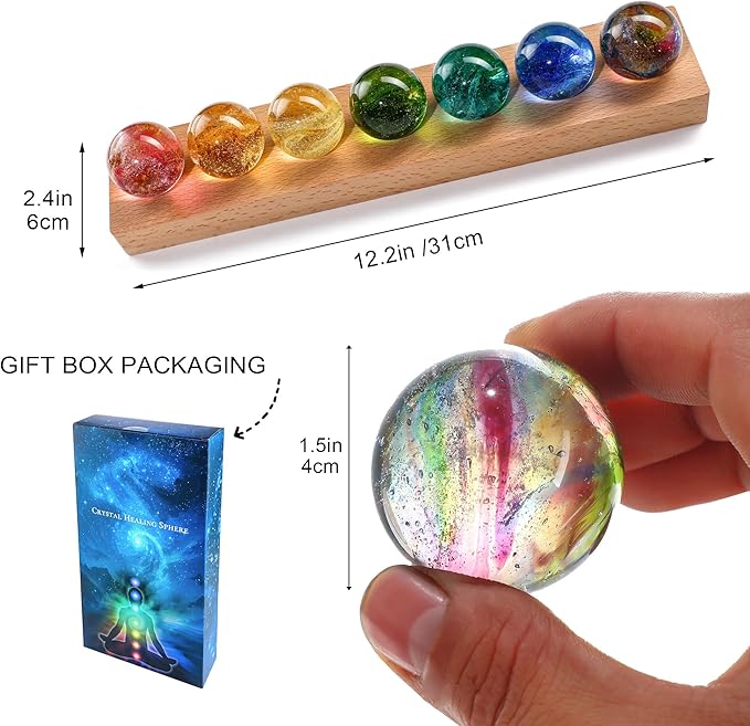 YU FENG 7 Colors 40mm/1.6in Glass Ball Night Light for Meditation with LED Wooden Base 7 Chakra Natural Healing Spheres Decorative Balls