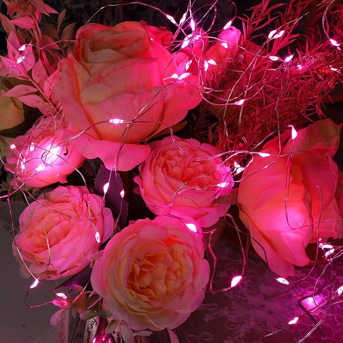 WATERGLIDE 12 Pack Valentine's Fairy Lights Battery Operated (Included), 7 ft 20 LED Mini String Lights, Waterproof Silver Wire Firefly Starry Light for DIY Wedding Party Mason Jars Decor, Pink