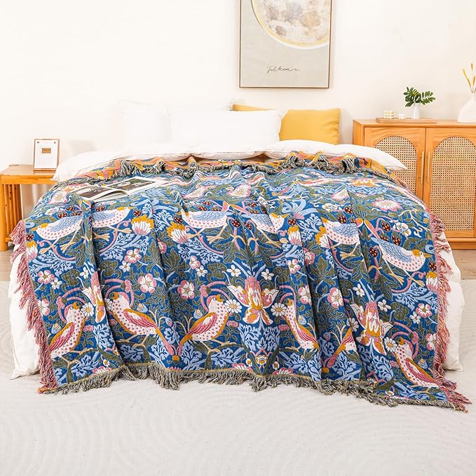 Queen Size Throw Blanket for Bed 100% Cotton Boho Oversized Soft Cozy Muslin Quilt Blanket Double Bird and Florals, Vintage Farmhouse Cottage Woven Blankets for Bedding Couch,80"×90"- Blue&Yellow