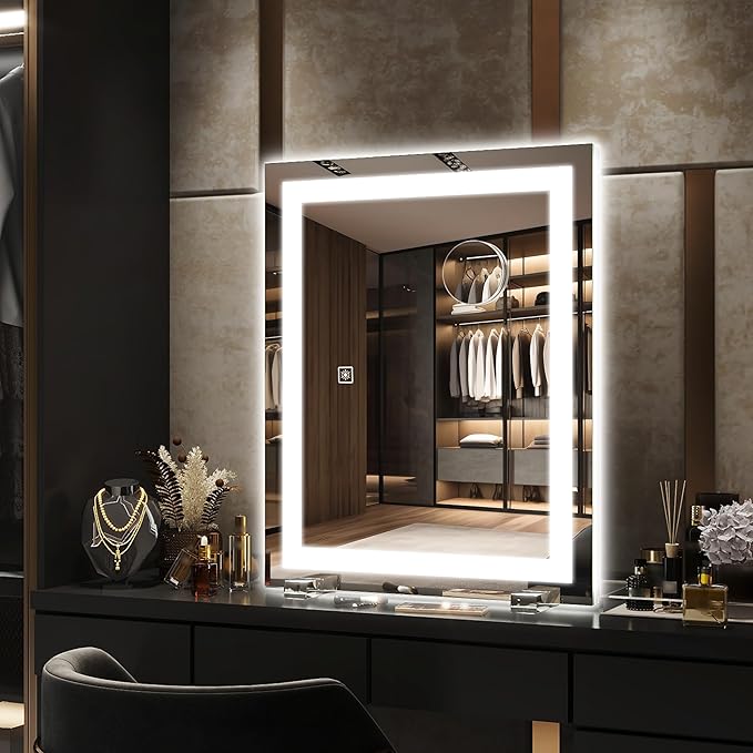 HNV 22"x20" Lighted Vanity Mirror – Large Makeup Mirror with 3-Color Dimmable LED Lights, 10X Magnification, Touch Control, Tabletop or Wall Mount Mirror for Bedroom & Dressing Room (White)