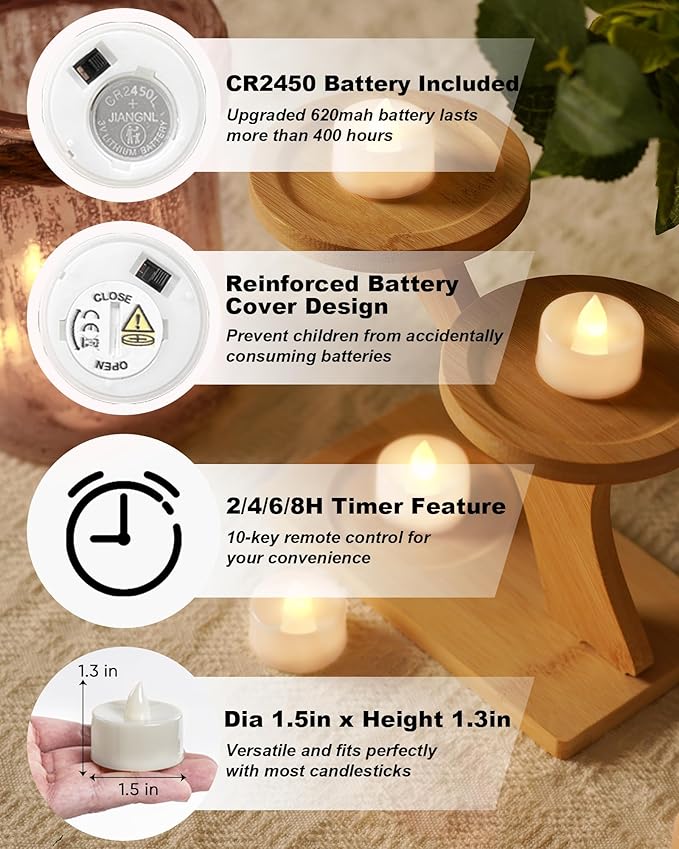 BEICHI Remote Candles, 24 Pack Timer Candle, Flameless Tea Lights Candle Battery Operated, Flickering LED Tea Lights, Timer Battery Votive Candles- Warm White- White Base