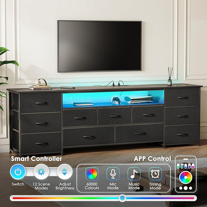 Huuger 70 Inch TV Stand for 75, 80 Inch TV, 11 Drawer Long Dresser with Power Outlets and LED Lights, Entertainment Center with Storage, Black Dresser with PU Leather Surface, 1TS011B