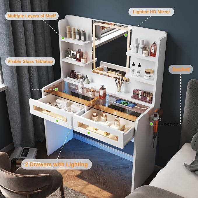 Vanity Desk with LED Lights Mirror & Power Outlet, Transparent Top Vanity with 2 RGB Drawers, 3 Lighting Modes & Adjustable Brightness, Dressing Table for Women Girls Bedroom, White