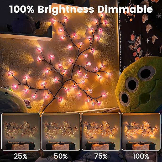 LED Tree Branch Lights for Wall 3.94 FT 48LEDs Cherry Blossom Lights with Remote and 8 Lighting Modes Cherry Blossom Garland Willow Vine Light for Bedroom Indoor Wall Wedding Christmas Decor