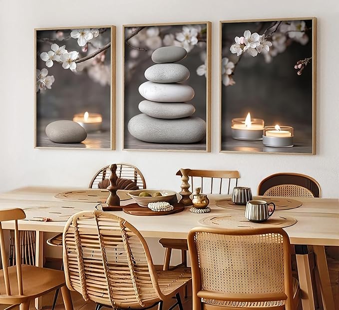 ZHJIOFXG 3 Piece Zen Canvas Wall Art Stacked Stones Cherry Blossom Candle Spa Wall Decor Calming Minimalist Neutral Poster Print Art for Bathroom Bedroom Yoga Room Office Living Room 12x16in Unframed