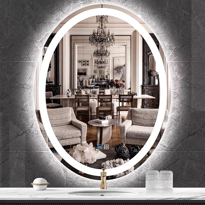 24 x 32 Inch Oval Vanity Mirror with Lights Oval LED Mirror for Bathroom Wall Mounted Oval Lighted Mirror Dimmable 3 Color Light Oval Mirror Anti Fog 32" Bathroom Oval Smart Light up Mirror